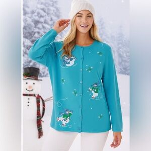 K.B. Collections Womens Embroidered Skating Snowmen Button Down Cardigan Size 2X